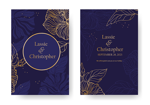 Elegant wedding invitation with gold accents on a dark blue background. Invitation with floral decoration and text frame. Modern rsvp greeting card design with natural design elements. EPS10.