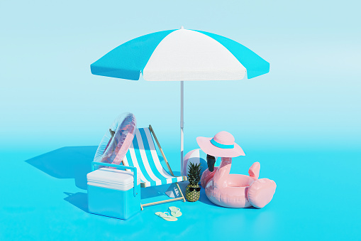 minimalist scene of beach accessories with gradient background. summer background. 3d render