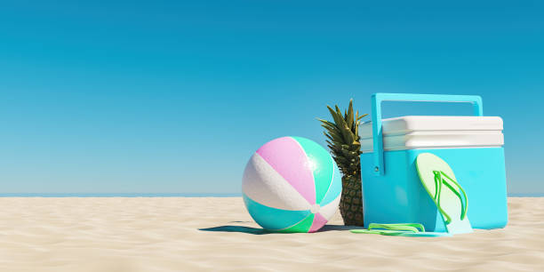 beach fridge with ball and pineapple on the beach sand beach fridge with ball and pineapple on the beach sand and clear sky. summer background. 3d render beach bag stock pictures, royalty-free photos & images