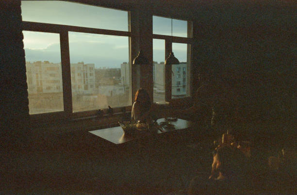Young Caucasian woman having dinner in apartment at sunset. Camera film
