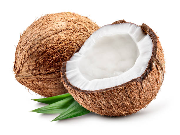 istock Coconut isolated. Coconuts with leaves on white background. Coconut and a half. Full depth of field. 1317771038