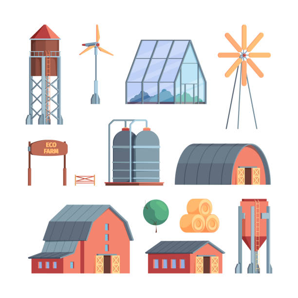 ilustraciones, imágenes clip art, dibujos animados e iconos de stock de edificios rurales. colección agrícola agrícola casas de madera y diferentes vehículos profesionales almacén molino de viento garish vector cartoon set - greenhouse