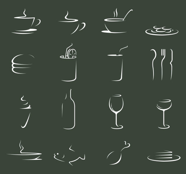 ilustraciones, imágenes clip art, dibujos animados e iconos de stock de iconos de la comida y la bebida - wineglass symbol coffee cup cocktail