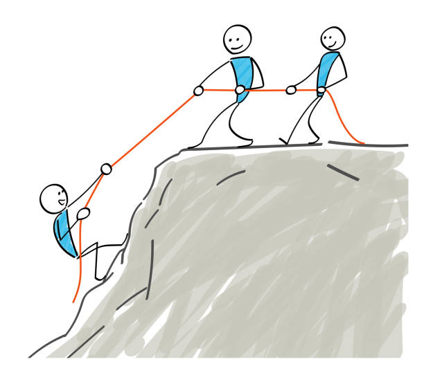 illustrations, cliparts, dessins animés et icônes de stickman aidant l’escalade de montagne avec une corde - rescue mountain horizontal three people
