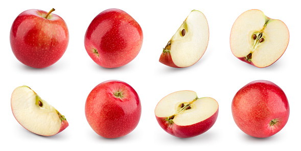 Apple isolated. Red apple on white background. Set of whole, half, slice red apples. Full depth of field.