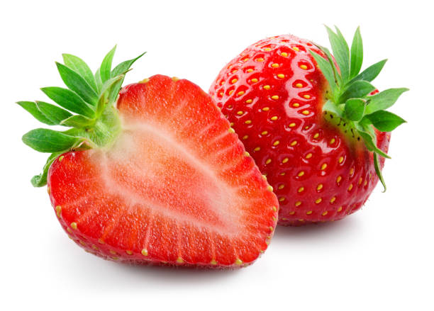 istock Strawberries isolated. Strawberry slice and whole berry isolate. Two strawberries on white. Side view. Full depth of field. 1317775279