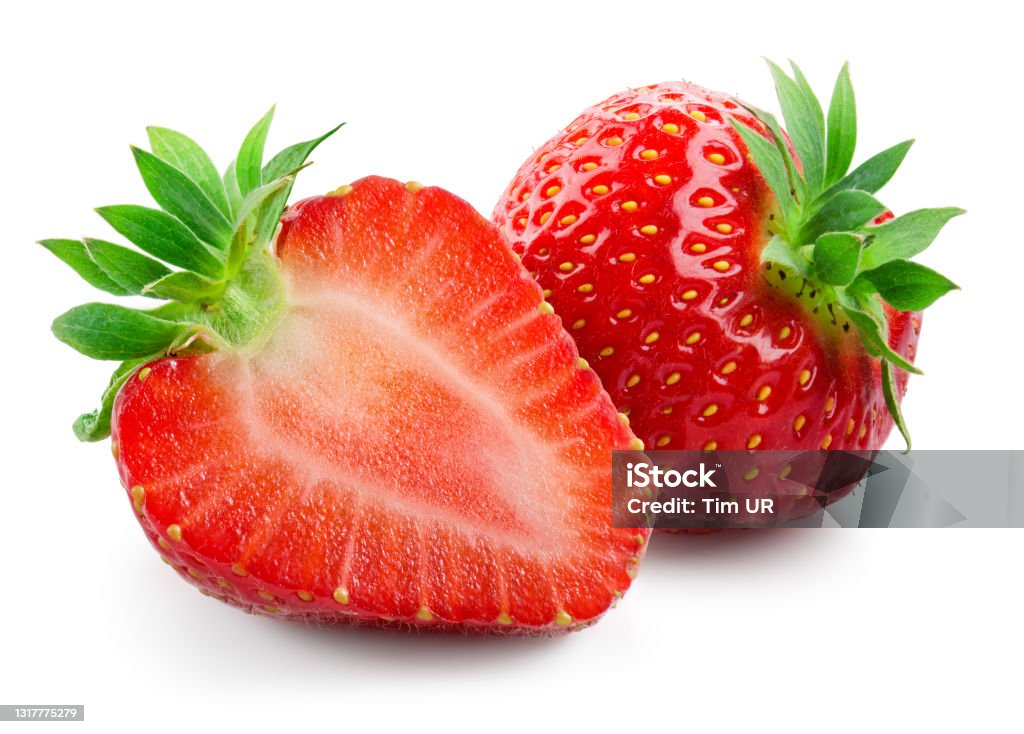 Strawberries isolated. Strawberry slice and whole berry isolate. Two strawberries on white. Side view. Full depth of field. Strawberry Stock Photo