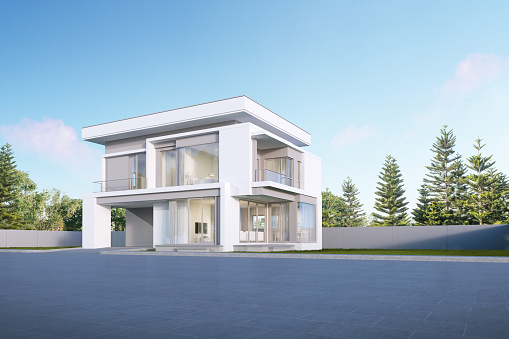 Perspective of modern luxury house with lawn yard on tree background, Exterior, Minimal Architecture. 3d rendering.