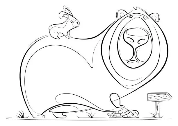 Vector illustration of bear holding tortoise with rabbit lines drawing