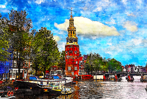 View of the embankment of the river Amstel and the Montelbaanstoren tower. Amsterdam. Netherlands. Color sketch style photo.