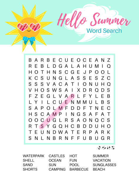 Summer word search puzzle.  Educational game. Crossword suitable for social media post. Summer word search puzzle.  Educational game. Crossword suitable for social media post. Party card. Printable colorful worksheet for learning English words. Vector illustration crossword stock illustrations