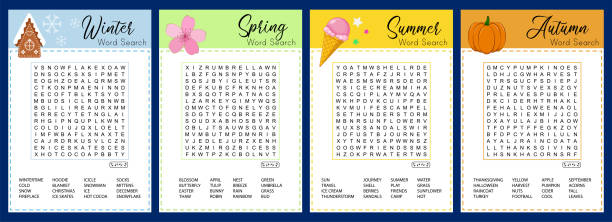 ilustrações de stock, clip art, desenhos animados e ícones de collection of seasons word search puzzle. winter, spring, summer, autumn crossword. worksheet for learning english. - autumn collection