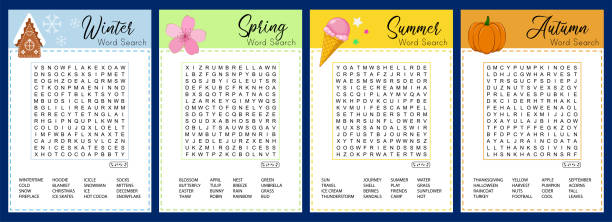 Collection of Seasons word search puzzle. Winter, spring, summer, autumn crossword. Worksheet for learning English. Collection of Seasons word search puzzle. Winter, spring, summer, autumn crossword. Worksheet for learning English.  Educational game suitable for social media. crossword stock illustrations