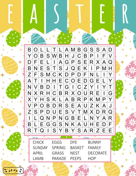 ostern wort suche puzzle.  lernspiel für kinder. lustige urlaub kreuzworträtsel. festliche bunte arbeitsblatt zum erlernen von englischen wörtern. - baumwollschwanzkaninchen stock-grafiken, -clipart, -cartoons und -symbole