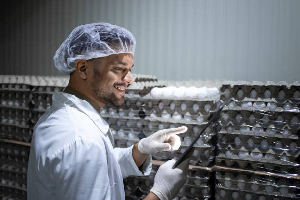 Factory worker with hairnet and hygienic gloves holding tablet computer and checking inventory in food cold storage.