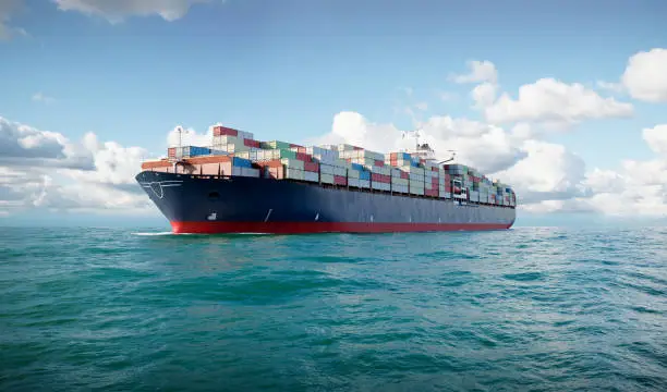 Photo of 3d cargo container ship in sea