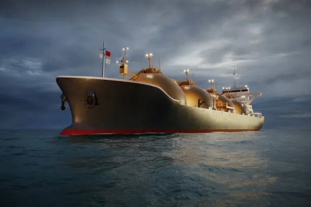 Computer generated image of oil and gas tanker sailing in ocean at night. 3d render of a LNG tanker carrier ship moving in sea.
