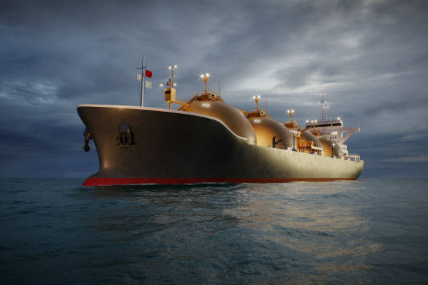 3d rendering of lng tanker sailing in sea at night - shipping industrial ship sea nautical vessel imagens e fotografias de stock