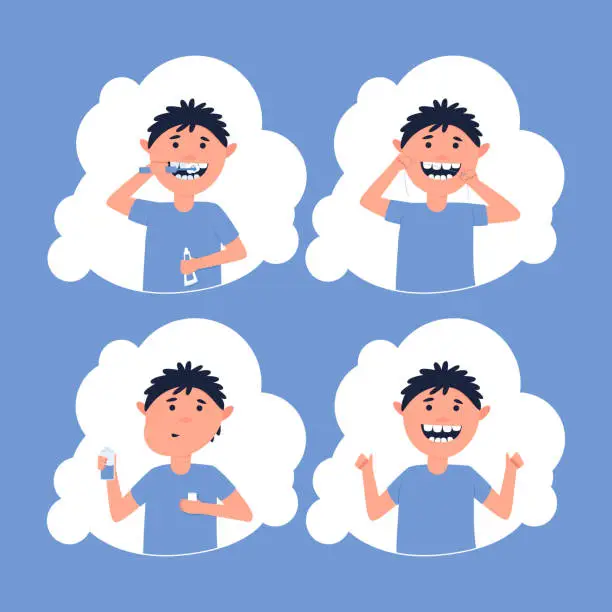 Vector illustration of Set close-up of boy oral care