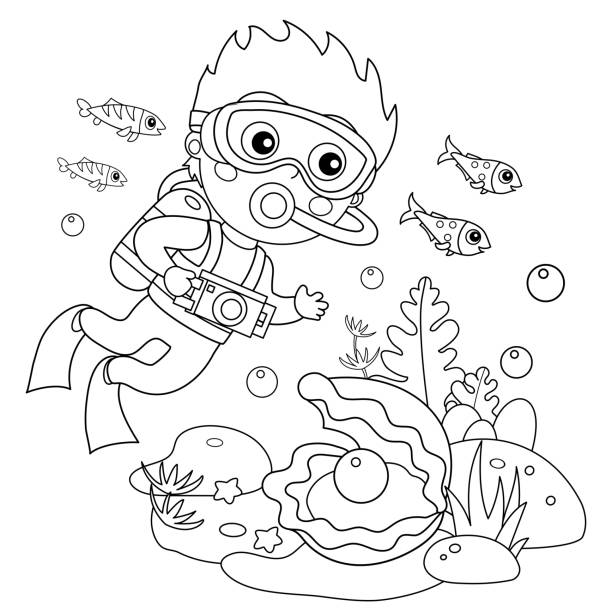 漫画小さな男の子スキューバダイバーの着色ページの概要。海洋写真や撮影。水中の世界。魚、真珠の殻、海の星を持つサンゴ礁。子供のための塗り絵。 - お絵かき点のイラスト素材／クリップアート素材／マンガ素材／アイコン素材