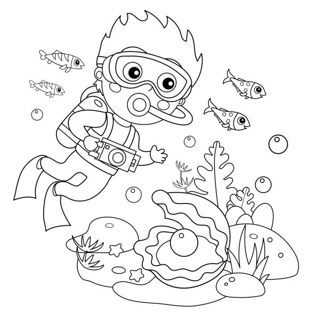 ilustrações, clipart, desenhos animados e ícones de esboço de página de colorir do mergulhador de desenho animado. fotografia marinha ou filmagem. mundo subaquático. recife de coral com peixes, conchas de pérolas e estrela do mar. livro de colorir para crianças. - little boys cartoon child drawing