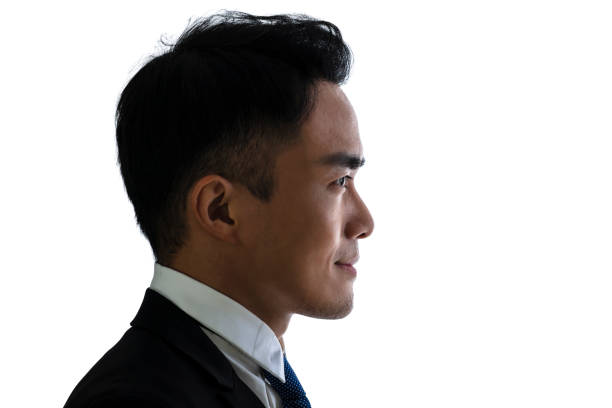 silueta de vista lateral del hombre de negocios aislado en blanco - perfil vista de costado fotografías e imágenes de stock