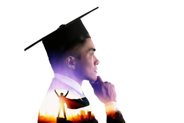 Side view of confident young   graduation man face with knowledge is power concepts