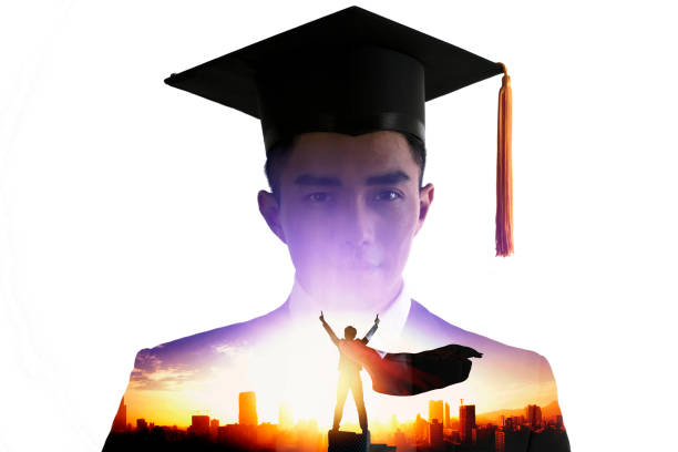 istock Confident young   graduation man face with knowledge is power concepts. double exposure 1317783824