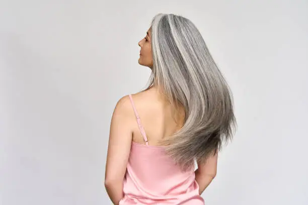Back view of senior mature middle aged older Asian lady with long gray natural coloring vibrant silky hair. Dry hair replenishing healing treatment for women after menopause advertising concept.