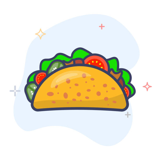 ilustraciones, imágenes clip art, dibujos animados e iconos de stock de taco con ilustración de contorno de cáscara de tortilla. icono vector de línea plana de almuerzo mexicano. - tacos