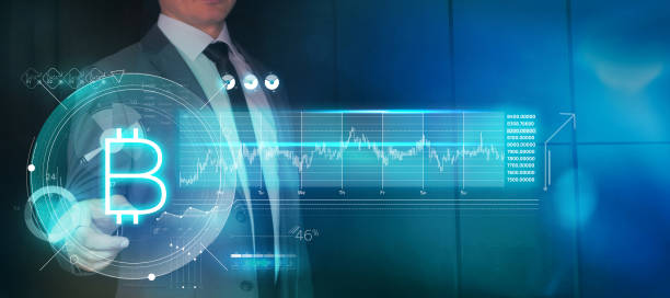 istock Businessman and infographics about bitcoin on a virtual panel. 3D render 1317786540