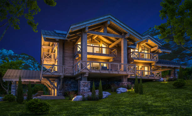 istock 3d rendering of modern cozy chalet in night 1317787692