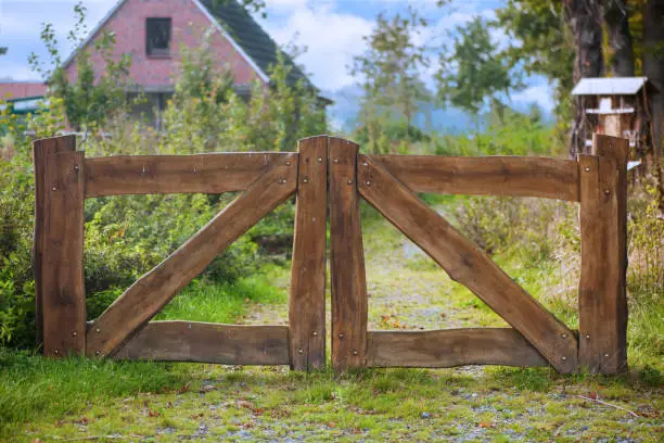 Frontal view of a double-leaf entrance gate built from wide wooden boards with a shallow depth of field in a rural setting in daylight