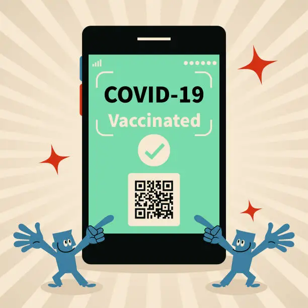 Vector illustration of Two blue men showing Covid-19 Vaccine Passport app on a big smartphone screen