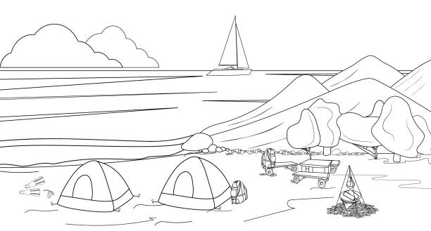 illustrations, cliparts, dessins animés et icônes de livre de coloriage avec un camping touristique sur la plage, océan. paysage avec des tentes, des sacs à dos, une table, un endroit pour un feu, des montagnes, un voilier, des palmes, un masque. - silhouette nautical vessel sea morning