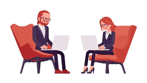 istock Businessman, businesswoman red haired office worker with laptop 1317788904