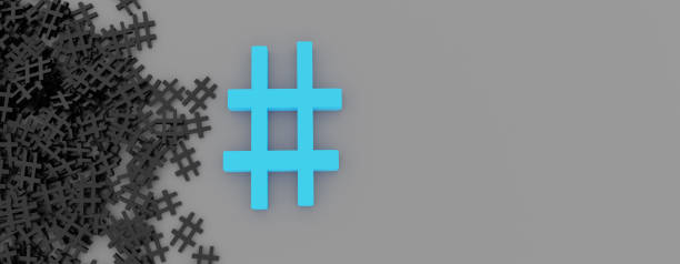istock Hashtag Concept. Blue hashtag near the stack of dark ones on a grey banner background. 3D Rendering 1317790826