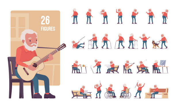 Old man, elderly person set, pose sequences Old man, elderly person set, pose sequences. Senior citizen over 65 years, retired bearded grandfather, nice aged pensioner. Full length, different views, gestures, emotions, positions old person cartoon stock illustrations