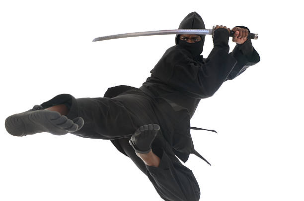 flying ninja - kicking tae kwon do martial arts flying fotografías e imágenes de stock