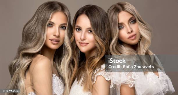 Three Young Attractive Models Is Demonstrating Professionally Dyed Long Hair Elegance Hairstyling And Makeup Stock Photo - Download Image Now