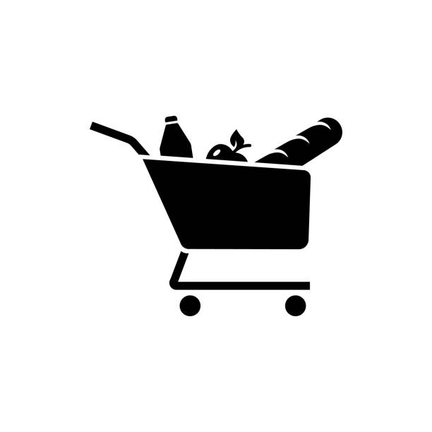 Food cart solid black vector icon isolated on a white background. Icon of a grocery store or supermarket. Shop trolley with products Food cart solid black vector icon isolated on a white background. Icon of a grocery store or supermarket. Shop trolley with products. silhouette symbol computer icon shopping bag stock illustrations