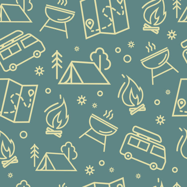 Elements of Camping, family tourism. A camping tent, a burning campfire, a map, a barbecue, and a van. Family camp in the woods, hiking items vector seamless pattern of icons in a linear style Elements of Camping, family tourism. A camping tent, a burning campfire, a map, a barbecue, and a van. Family camp in the woods, hiking items vector seamless pattern of icons in a linear style. camping patterns stock illustrations