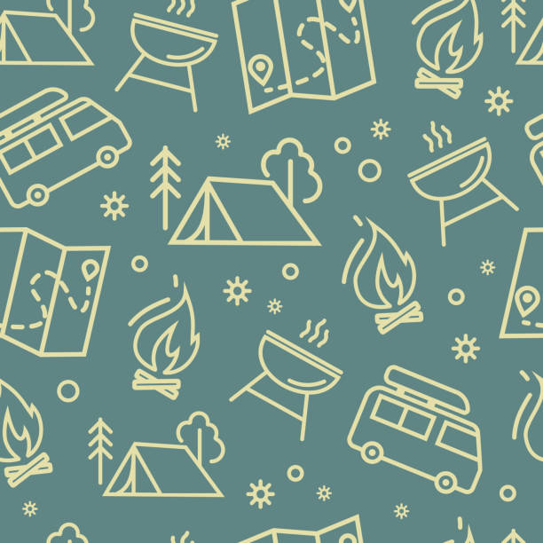 Elements of Camping, family tourism. A camping tent, a burning campfire, a map, a barbecue, and a van. Family camp in the woods, hiking items vector seamless pattern of icons in a linear style Elements of Camping, family tourism. A camping tent, a burning campfire, a map, a barbecue, and a van. Family camp in the woods, hiking items vector seamless pattern of icons in a linear style. background of a camping stock illustrations