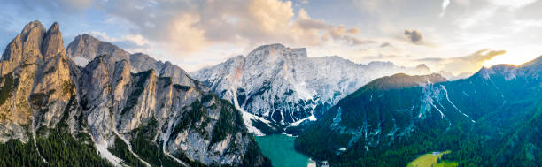 istock Braies lake sunset aerial panorama 1317798558