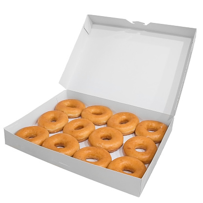 Classical donuts cardboard box for pastry delivery isolated on white background. Sweet fast food concept. Tasty dessert doughnuts cakes from bakery for breakfast.