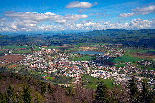 Top view of the town Kocevje with lake and surrounding area, Slovenia, Europe