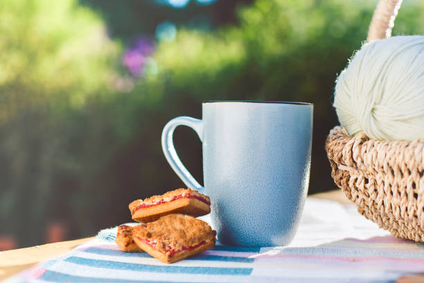 女性の趣味。良い晴天の外のかぎ針編みや編み物のアクセサリー - knitting residential structure glasses hot drink ストックフォトと画像