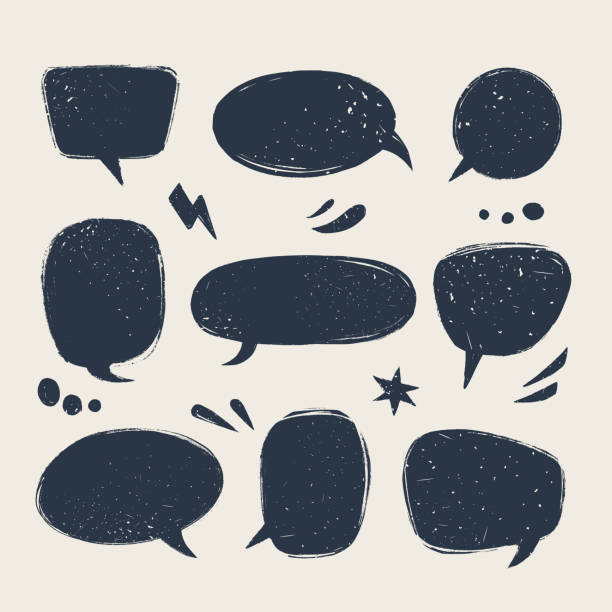ilustrações, clipart, desenhos animados e ícones de bolhas de fala definidas. várias formas de balão de conversa em estilo vintage com textura grunge. coleção de vetores infográficos desenhados à mão - balão de conversa online