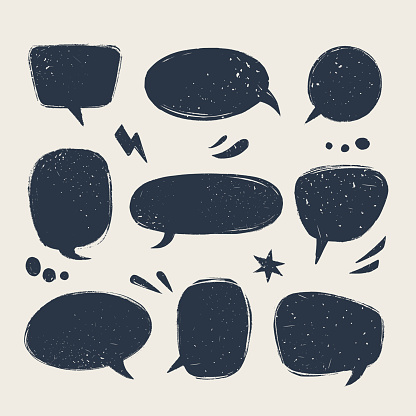 Speech bubbles set. Various talk balloon shapes in vintage style with grunge texture. Hand-drawn infographic Vector collection