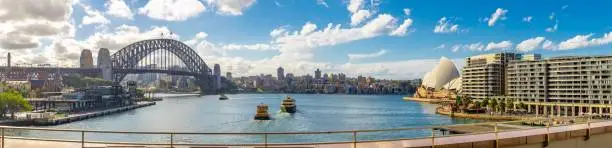 Panorama view if Sydney Harbour and buildings bridges ferries. Picture taken from Cahill Expressway Circular Quay NSW Australia